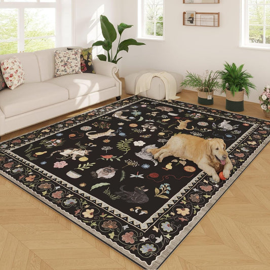 Rugcomf Area Rugs 9x12 Living Room Clearance Washable Boho Rug Non Slip Floral Animal Cat Vintage Low Pile Large Rug for Living Room Bedroom Farmhouse Dining Room Kids Playroom, Black