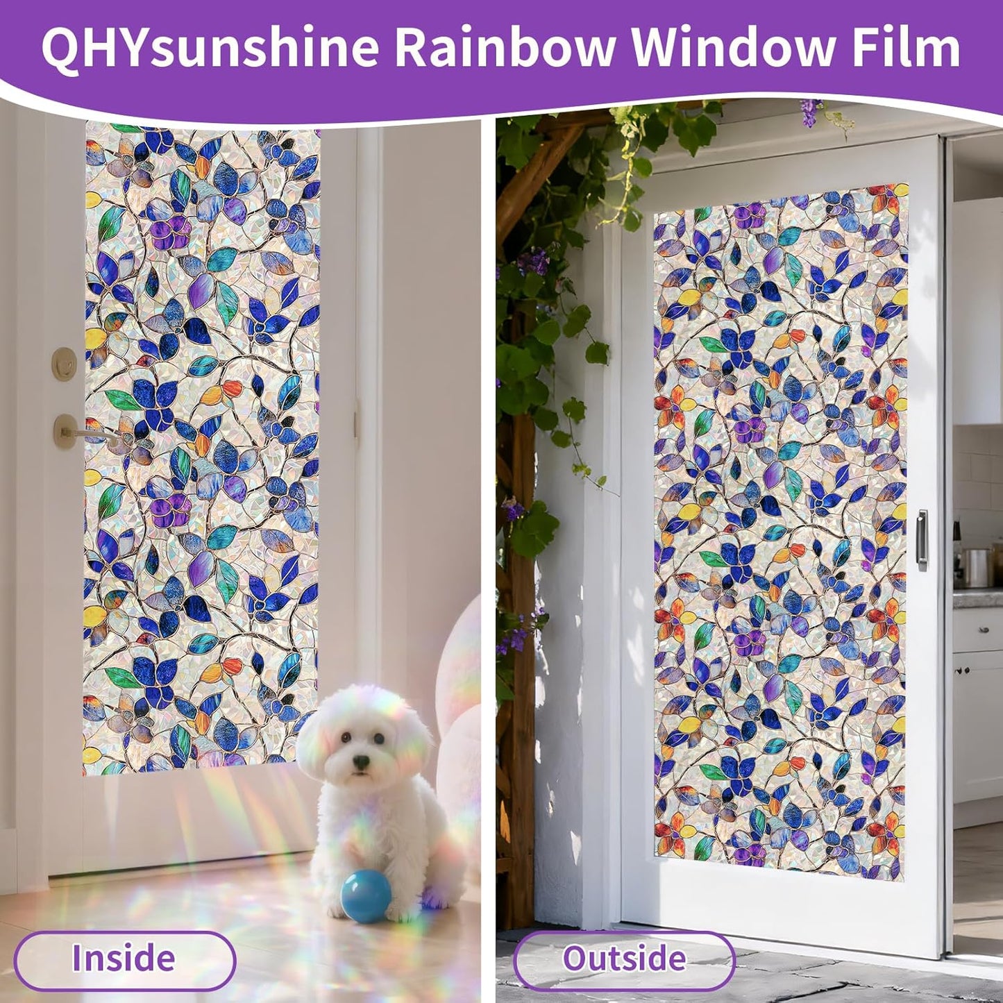 Stained Glass Window Privacy Film Decorative Rainbow Static Clings – Ideal for Home & Office, Adhesive-Free, Removable, UV-Blocking(Purple Rainbow, 23.6 X 78.7 in)