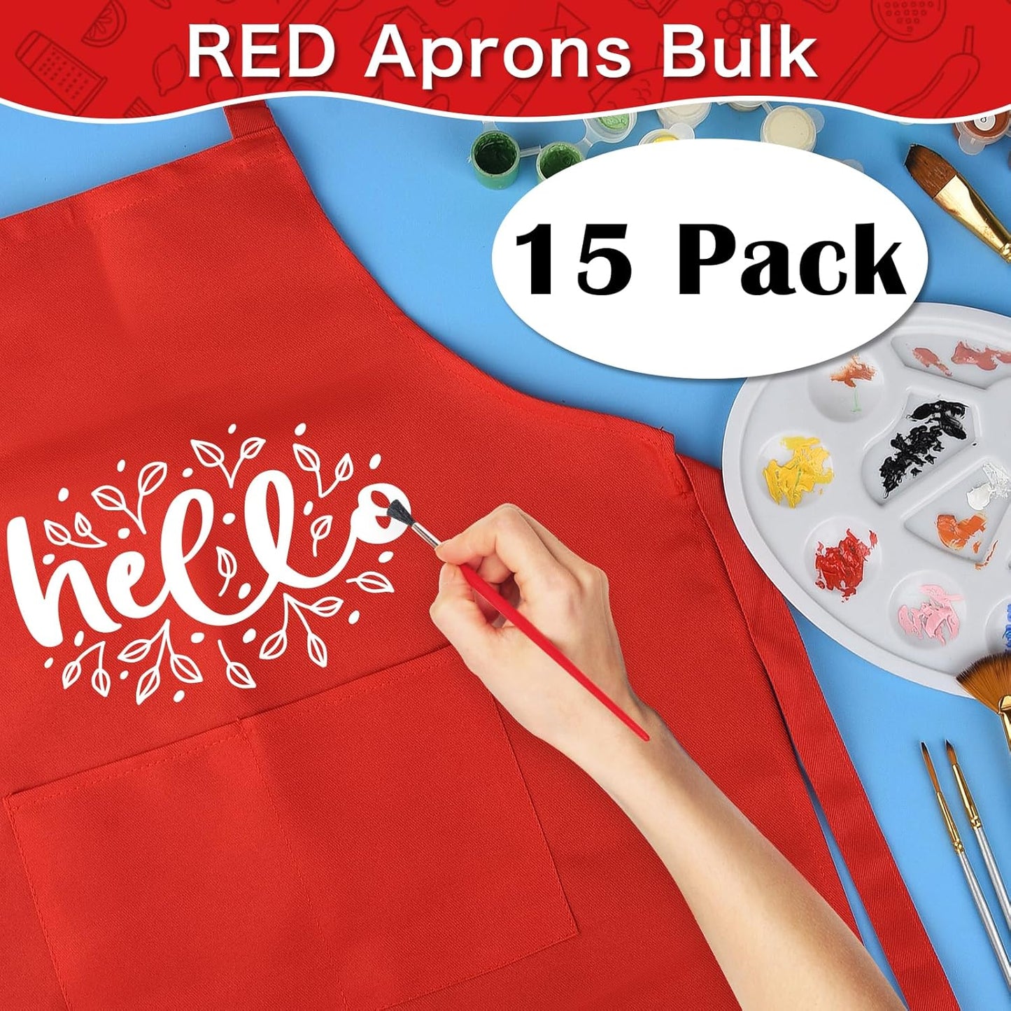 PLULON 8 Pcs Aprons for Kids Adjustable Kids Red Apron Bulk with Pocket Painting Aprons For Boys Girls Painting Cooking Baking (Red)