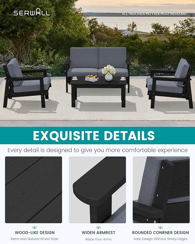 SERWALL Outdoor Patio Furniture Set, 5 Piece HDPE Patio Conversation Sets - Image 4