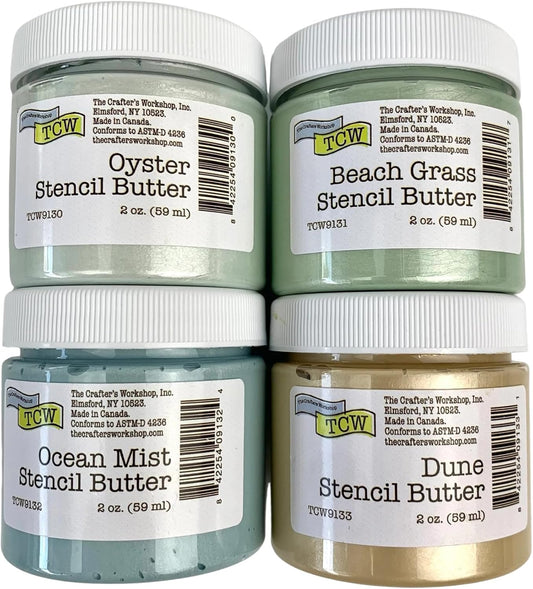 The Crafter's Workshop Stencil Butter - Coastal Acrylic Paint Set - Boutique Metallic Texture Paste for Art, Canvas, Journals, & Cards - 4 x 2oz Jars