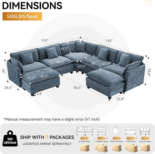 113'' V Shaped Cloud Sectional Sofa, Oversized Deep Seat Couches - Image 2