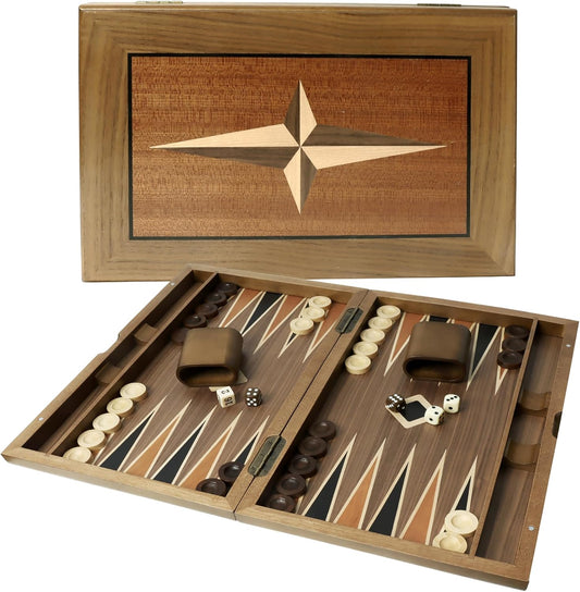 GSE Games & Sports Expert Premium Wooden Folding Inlay Backgammon Board Set, Classic Traditional Strategy Board Games (Star- 17 Inches)