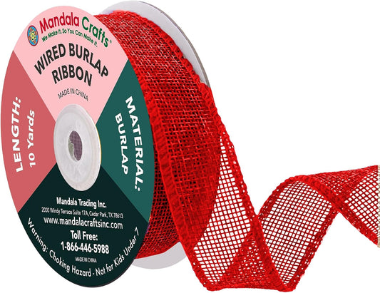 Mandala Crafts Red Burlap Wired Ribbon 1 Inches Wide Jute Ribbons for Crafts - 10 Yds Roll Rustic Burlap Wrap Trim Ribbons for Wreaths Bows Party Decoration