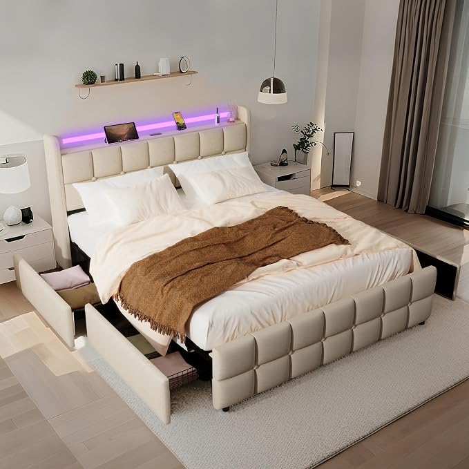Full Size Bed Base with Multiple Color LED Lighting, Linen Upholstered Bed - Image 4