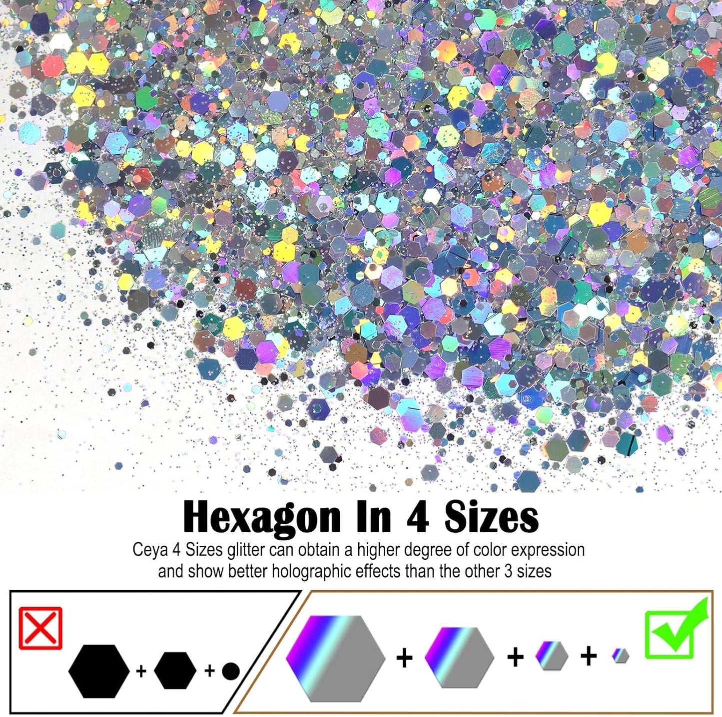 Ceya Holographic Chunky Glitter, 1 LB/ 16OZ Laser Diamond Silver Bulk Craft Glitter Mixed Chunky Fine Glitter Bottled Metallic Flake Nail Sequins for Resin, Tumblers, Scrapbooking, Festival Decor, Art