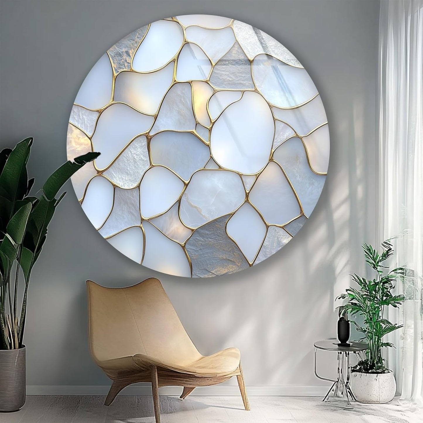My Photostation.com 20''(50cm) Diameter White Stone Mosaic Round Glass Wall Art Tempered Glass Printing Wall Decor Large Wall Art Wall Hangings