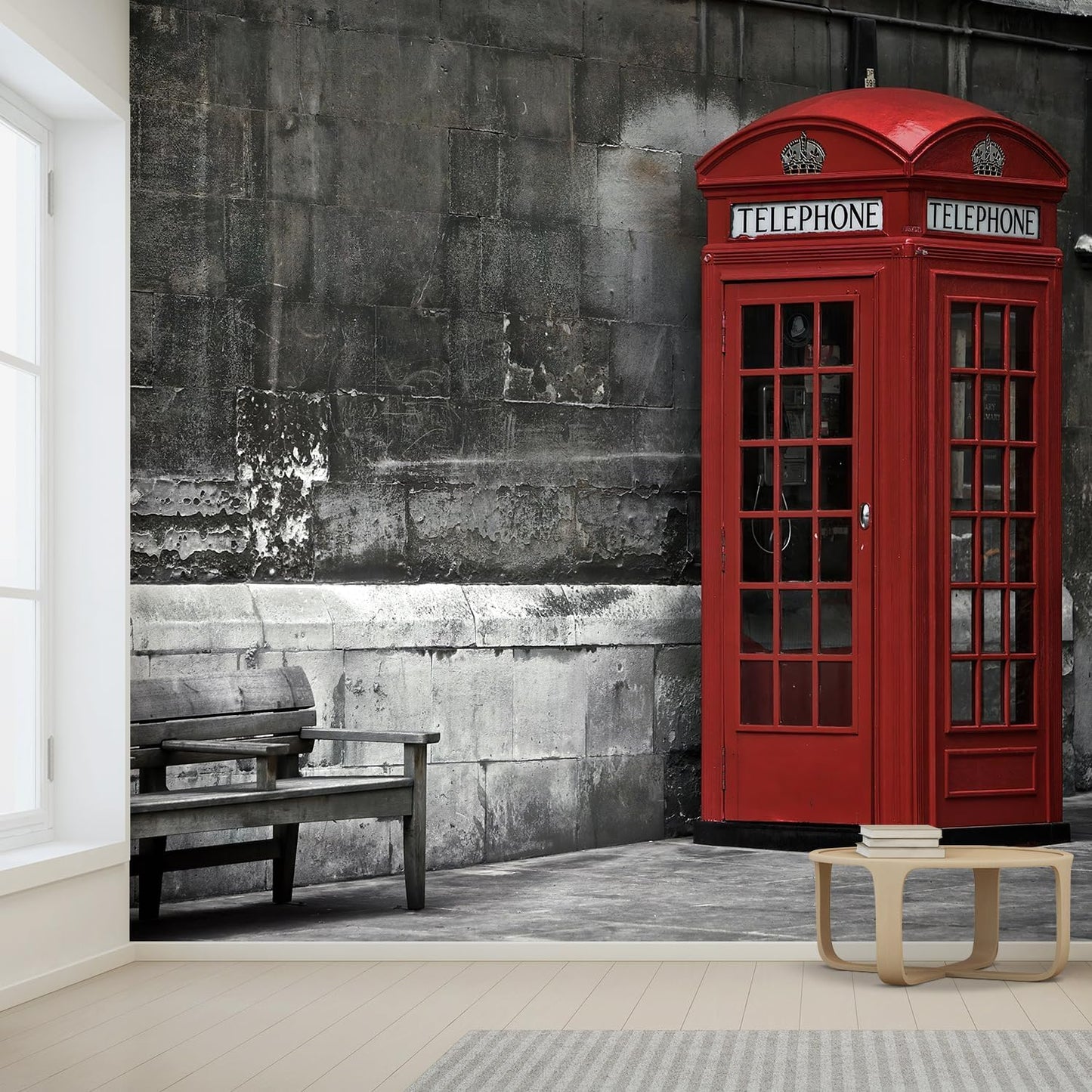 wall26 British Phone Booth in London, United Kingdom Removable Wall Mural | Self-Adhesive Large Wallpaper - 108x120 inches
