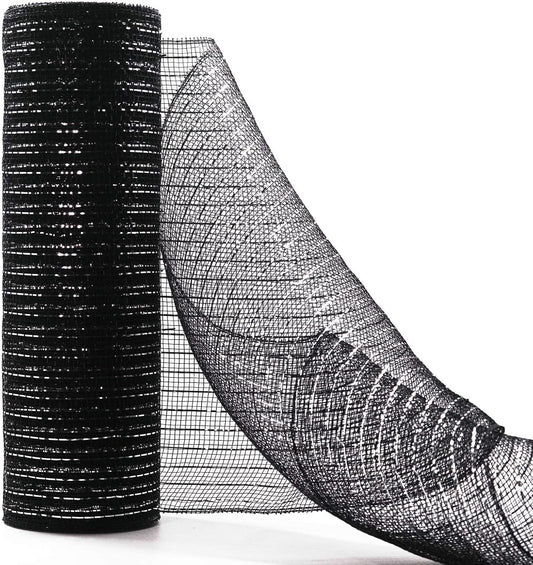 Koopi Deco Mesh 10 inch x 10 Yards Each Roll, Set of 2 Black Metallic Foil Poly Mesh Ribbons for Wreaths, Swags, Craft, Party and Decorating Supplies- 2 Rolls