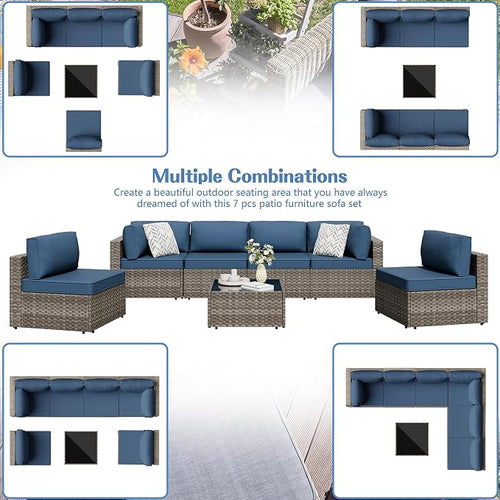 7 Piece Outdoor Patio Furniture Set, Natural PE Rattan Wicker Sectional Sofa - Image 2