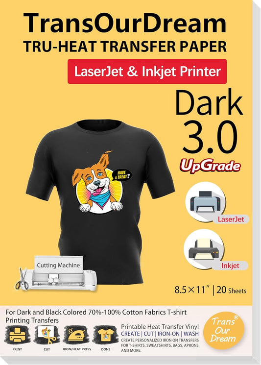 TransOurDream Tru-Heat Transfer Paper for Inkjet & Laserjet Printer (20 Sheets, 8.5x11", Dark 3.0) Printable HTV Heat Transfer Vinyl for T Shirts Iron on Transfers for Dark Fabrics (TRANS-D3-20)