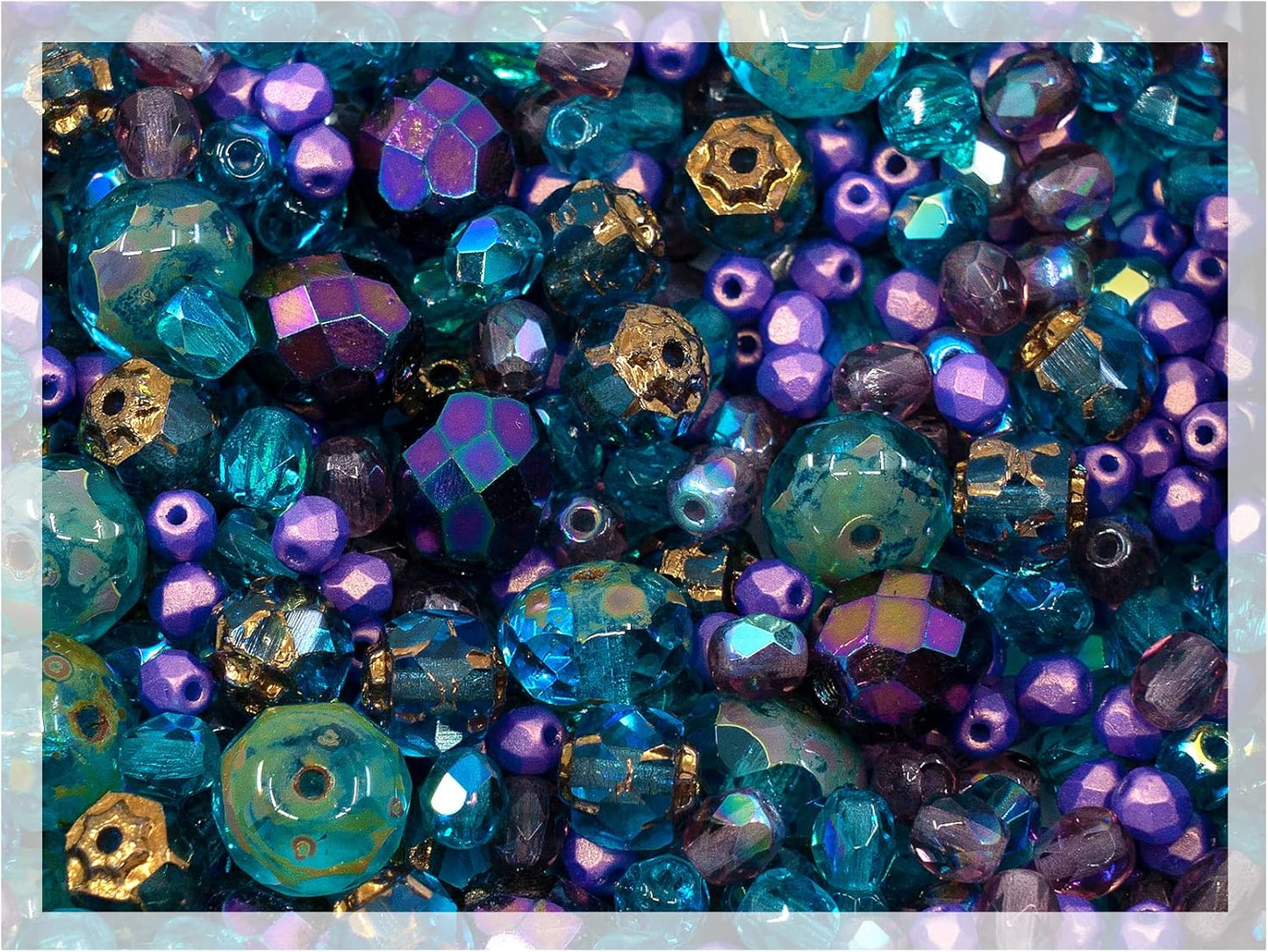1.8oz (50g) of Blue Purple Mix of Czech Faceted Fire Polished Beads (Round, Catherdal, Rondelle)