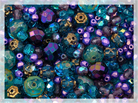 0.88oz of Blue Purple Mix of Czech Faceted Fire Polished Beads (Round, Catherdal, Rondelle)