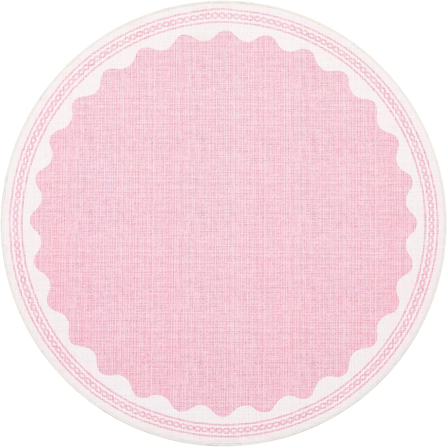 Scalloped Round Rug 6ft, Small Area Rugs Solid Pink Rug for Bedroom Girls, Washable Rugs for Living Room, Non Slip Scalloped Round Bath Mat, Soft Dorm Nursery Carpet for Bedside