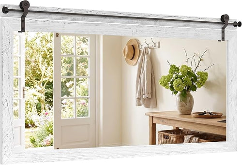 27"x49" Large Whitewashed Barn Door Wall Mirror, Horizontal Solid Wood Framed by FurniXpress
