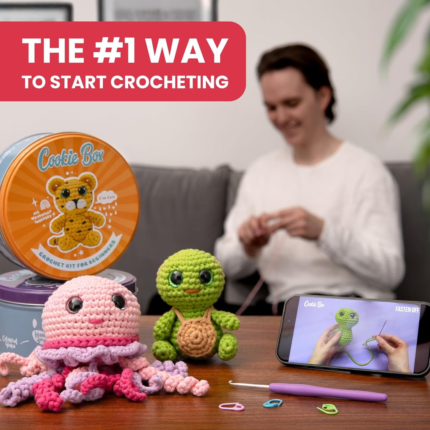 Cookie Box Crochet Kit for Beginners – Gift Set to Make Bear Charlie Amigurumi Plushie – Easy DIY Crochet & Knitting Starter Kit with Video and PDF Tutorials