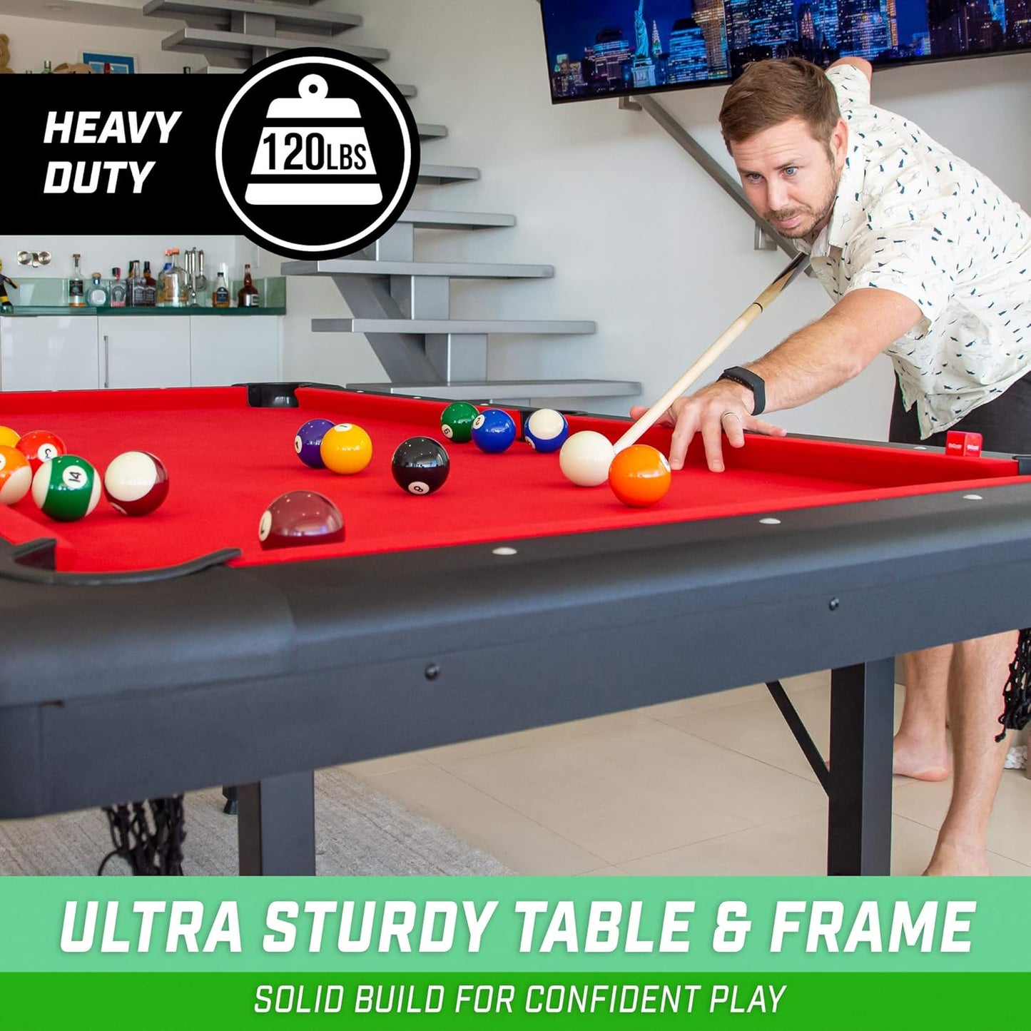 GoSports 6, 7, or 8 ft Billiards Tables - No Assembly, Choose Your Color - Portable Pool Table Includes Full Set of Balls, 2 Cue Sticks, Chalk and Felt Brush