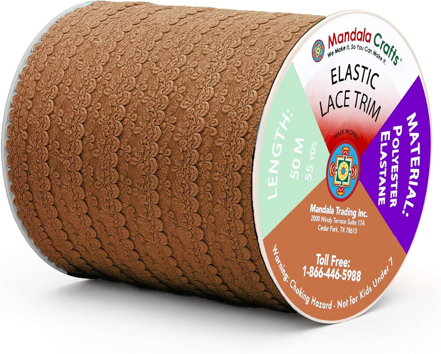 Mandala Crafts Brown Stretch Lace Soft Elastic Trim Roll - 55 Yards 1 Inch Wide Stretchy Frilly Picot Ribbon for Sewing Lingerie, Headbands, Underwear, and Crafts