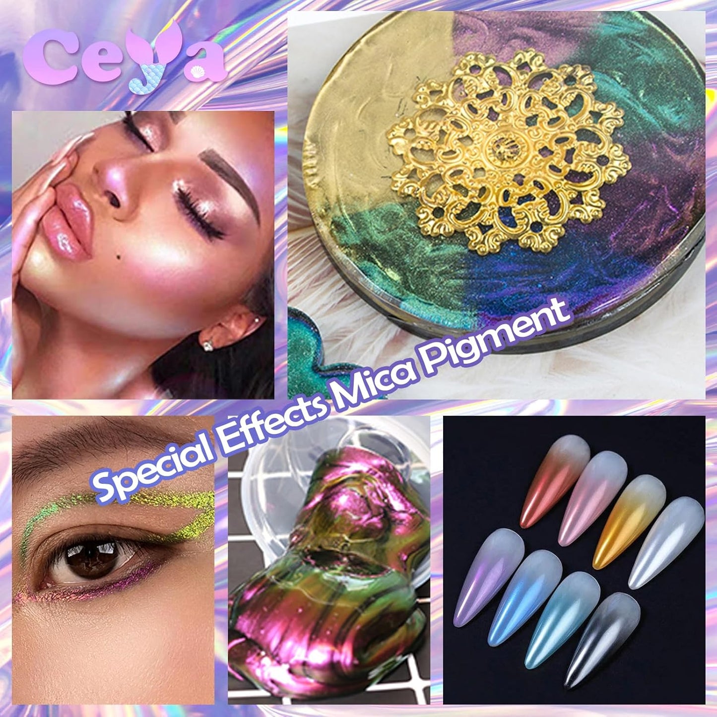 Ceya Highly Interference Mica Powder, 1.8oz/ 50g Mint Green Chrome Nail Powder, Cosmetic Grade Pearlescent Effect Color Shift Pigment for Epoxy Resin, Makeup, Nail Art, Soap Dye, Candle, Slime, Paint