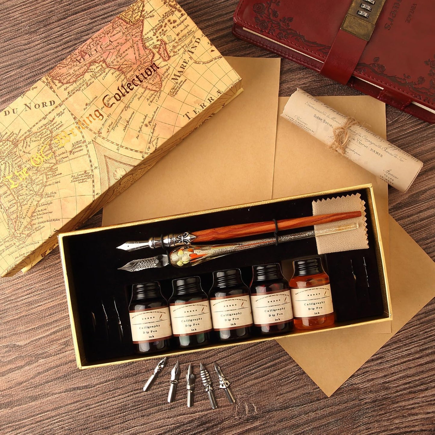 GC QUILL MU-02 Calligraphy Pen Set, Glass Dip Pen and Handcrafted Wooden Dip Pen Gift Set with 5 Colors Calligraphy Ink 6 Nibs, Calligraphy Set for Beginners