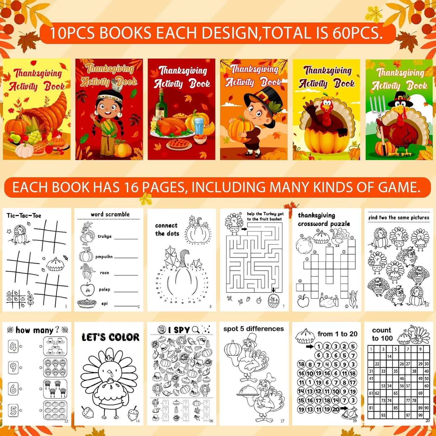 60PCS Thanksgiving Activity Books Party Favors for Kids - Fall Games Coloring Maze Book in Bulk, Classroom Activities Crafts Gifts
