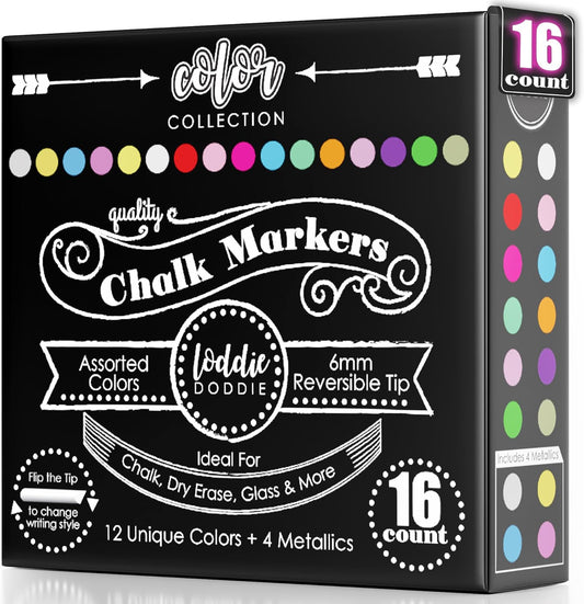 Loddie Doddie Chalk Markers - Pack of 16, 6mm Bullet & Chisel Tips Chalk Pens - Dust-Free Erasable Ink & Dry Erase Markers - Vibrant Pastel & Neon Colors - Pastel Art Pens - Fine & Bold Lines