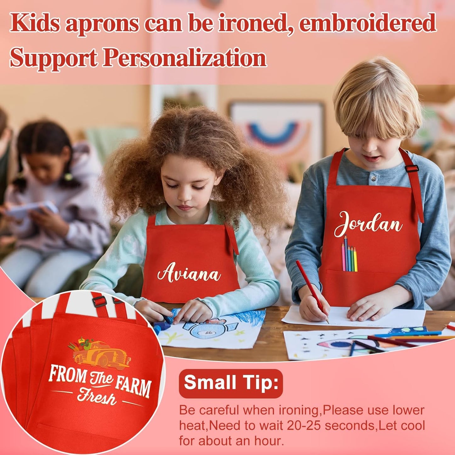 24 Pack Kids Apron Bulk with 2 Pockets Adjustable Chef Art Apron Kids Painting Aprons for Cooking Baking Painting Crafting Grilling Activity（Red）