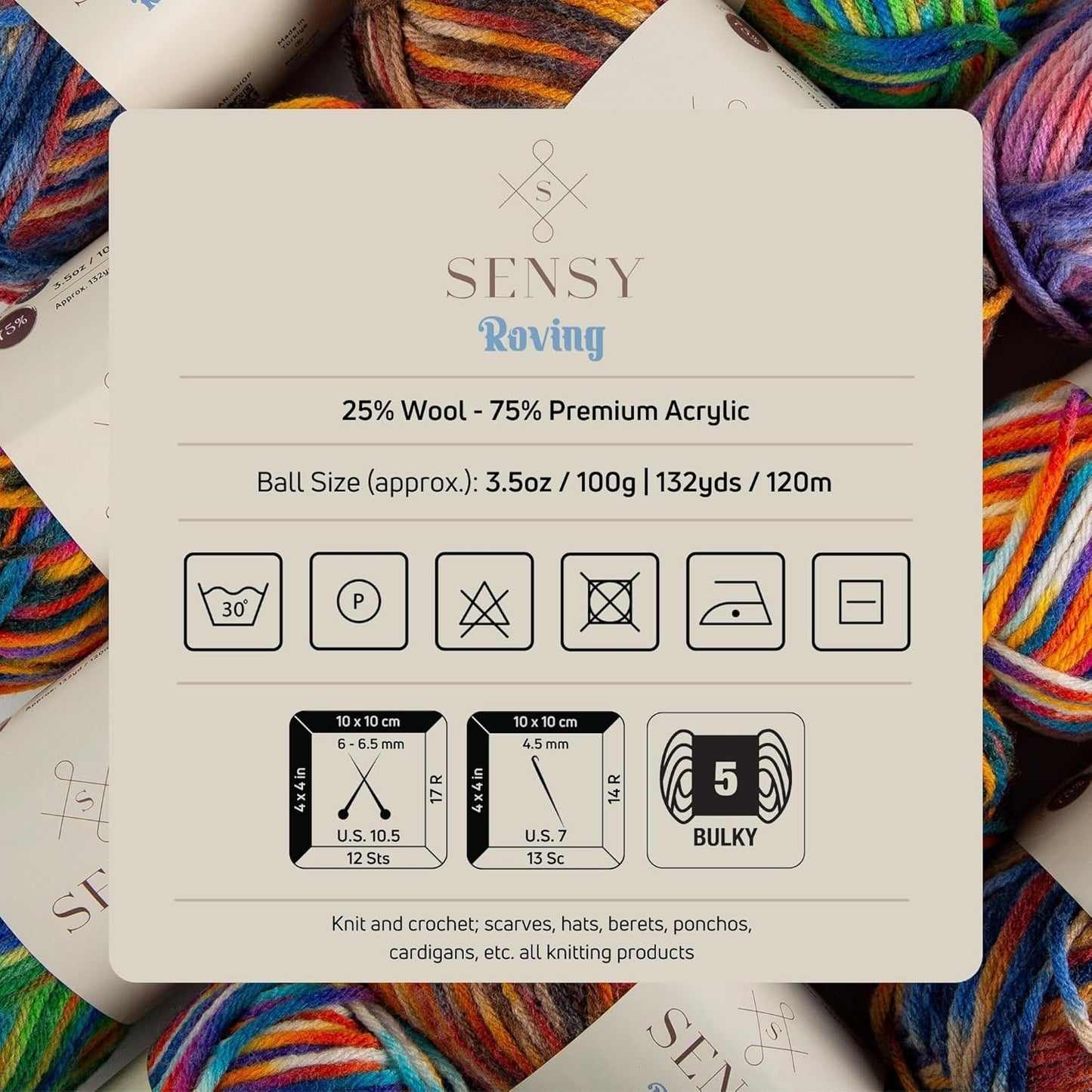 3 Skeins of Sensy Roving Multi Color Yarn, 3.5 oz, 132 Yards, Gauge 5 Bulky (Autumn)