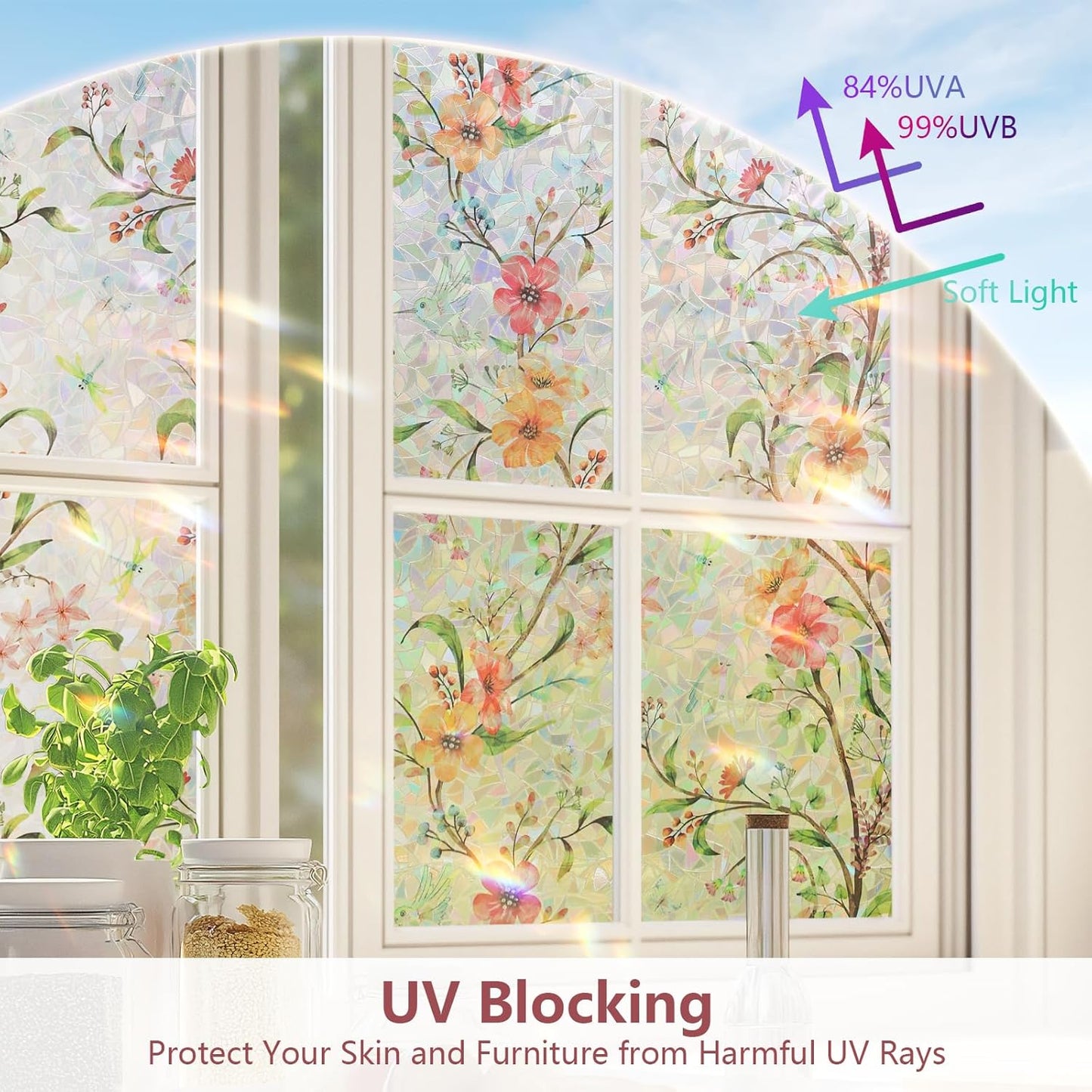 NINETREX Window Privacy Film,Stained Glass Window Film,Rainbow Decorative Stickers Static Cling Anti UV Heat Control for Home Decor (Galsang Flower,35.4 x 157.4inch)