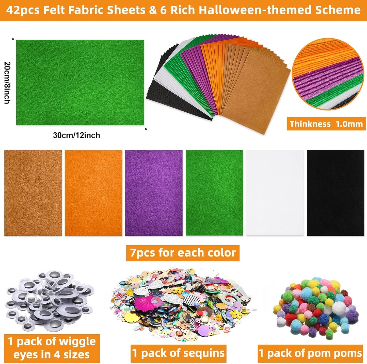 42Pcs Halloween Felt Fabric Sheets 8 x 12 Inch Black Purple Assorted Soft Thick Felt Pack with Wiggle Google Eyes Pom Poms Glitter Patchwork for Halloween DlY Sewing Creative Art Project Decor