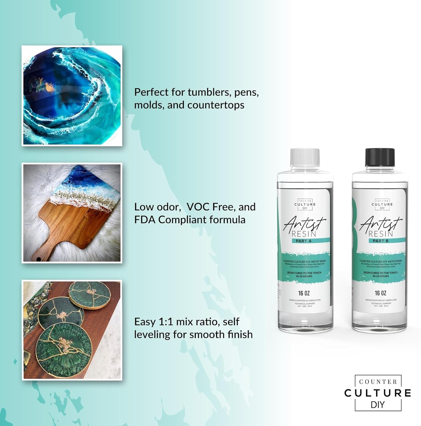 Counter Culture DIY Clear Artist Resin, 32 oz Kit, Art Epoxy Supplies for Metallic Stains Acrylic 100% Solids Easy Coat No VOCs Scratch UV Heat Resistant to 500 Degrees