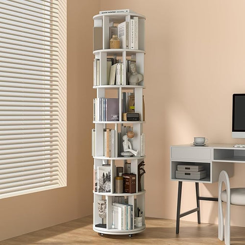 6-Tier Solid Wood Rotating Bookshelf on Wheels, 360° Spinning Book Shelf Tower by IUNVR