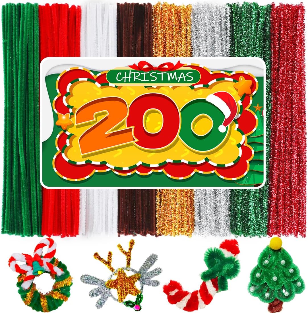 200pcs Christmas Pipe Cleaners – 8 Color Chenille Stems & Fuzzy Sticks for Crafts, Holiday DIY Decorations, Ornaments & Family Projects