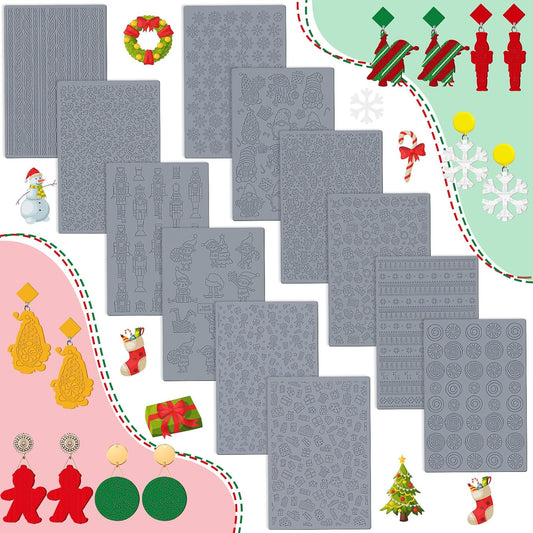 12 Pcs Christmas Polymer Clay Texture Sheets - Cute Texture Mat for Embossing, DIY Tools for Snowman Elf Clay Earring Jewelry Making