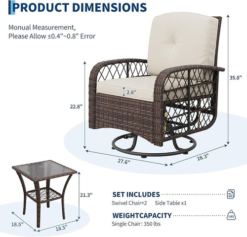 3-Piece Outdoor Patio Furniture Set, 2 Swivel Rocking Chairs and Tempered Glass - Image 2