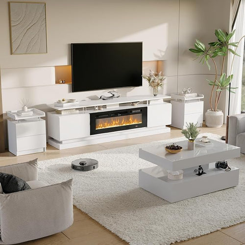 4-Piece Modern Living Room Table Set, Includes High Gloss 70" Fireplace TV Stand by Nordivale