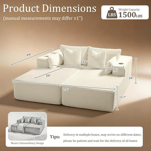 72" Cloud Sectional Couch, Comfort Sleep Sofa - Image 2