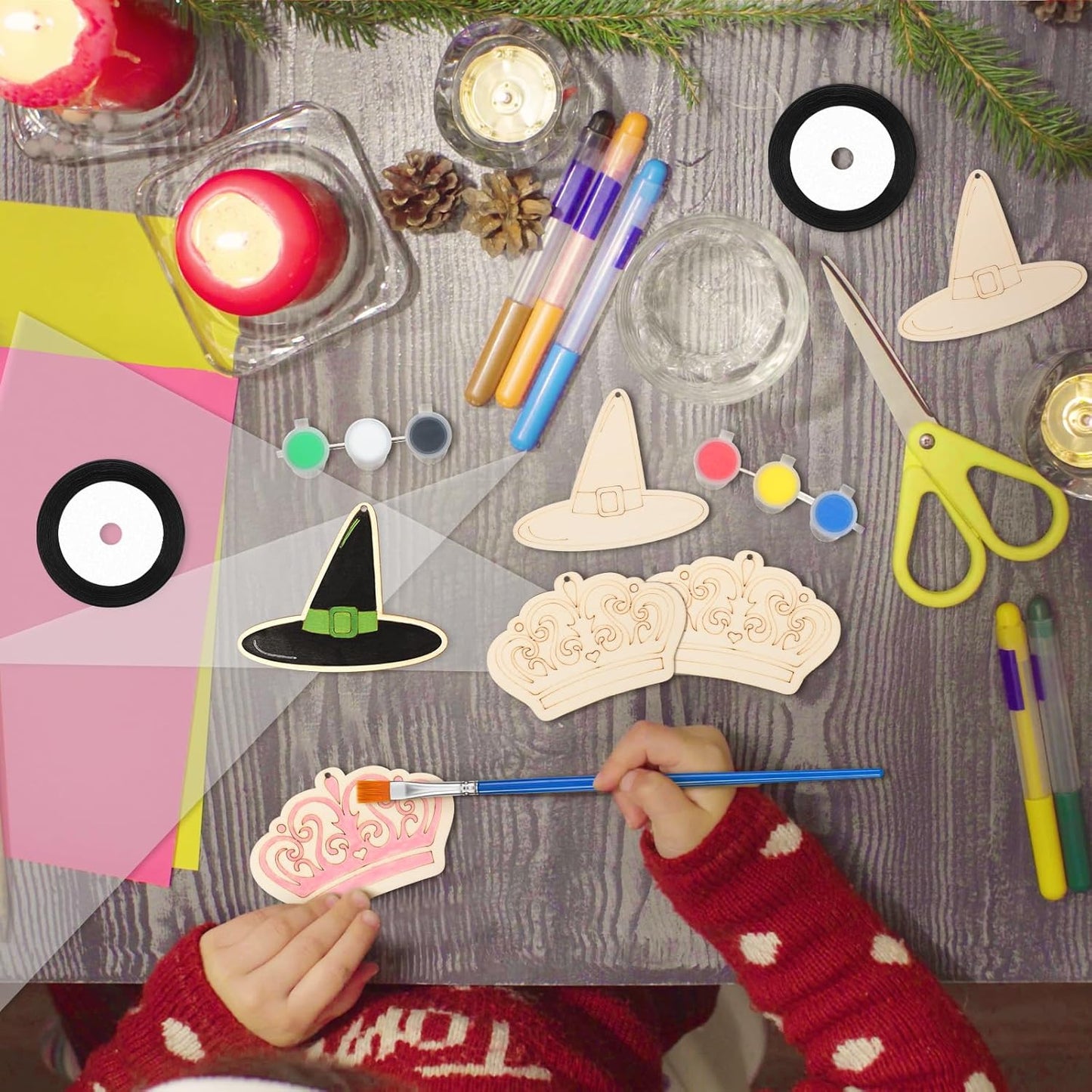 24 Set Paint Your Own Witch Princess Party Favors Pink and Green Party Supplies Witch Hats Princess Crowns DIY Wood Painting Craft Kit Color Your Own Arts Crafts Kit for Birthday Gift
