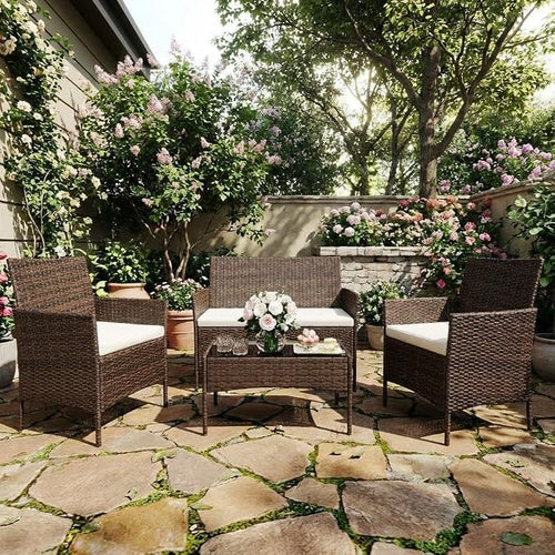 4-Piece Patio Furniture Set, Outdoor Wicker Conversation Set by GarveeHome