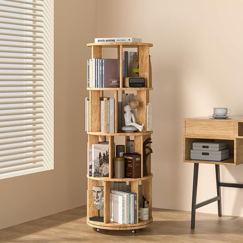 4-Tier Solid Wood Rotating Bookshelf on Wheels, 360° Spinning Book Shelf Tower by IUNVR