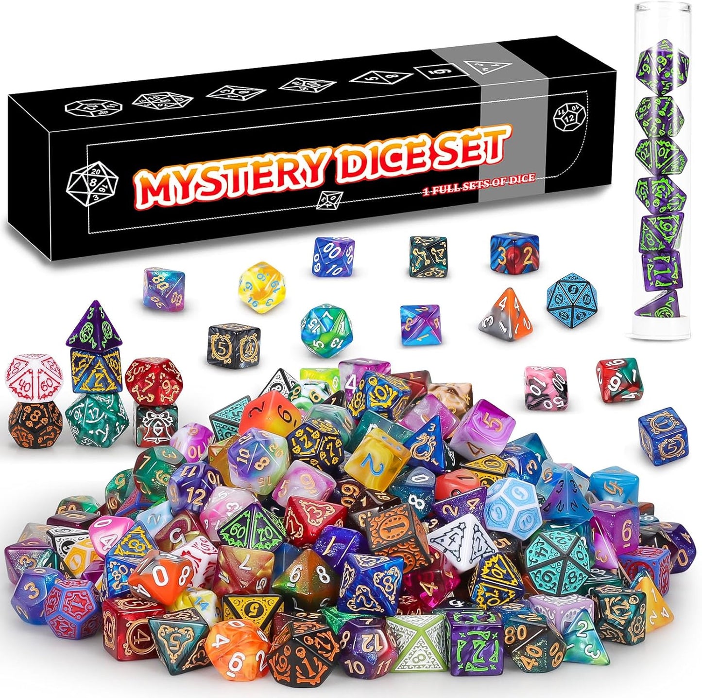 QMAY Mystery Dice Box - 7PCS DND Dice Set, Random Dice Patterns, 1Surprise Boxes, Polyhedral Dice with Dice Display Tube, D&D Gifts Box for Dungeons and Dragons, RPG, MTG,Role Playing Table Game