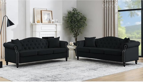 79" 2 Piece 3-Seater Velvet Chesterfield Sofa by Unknown