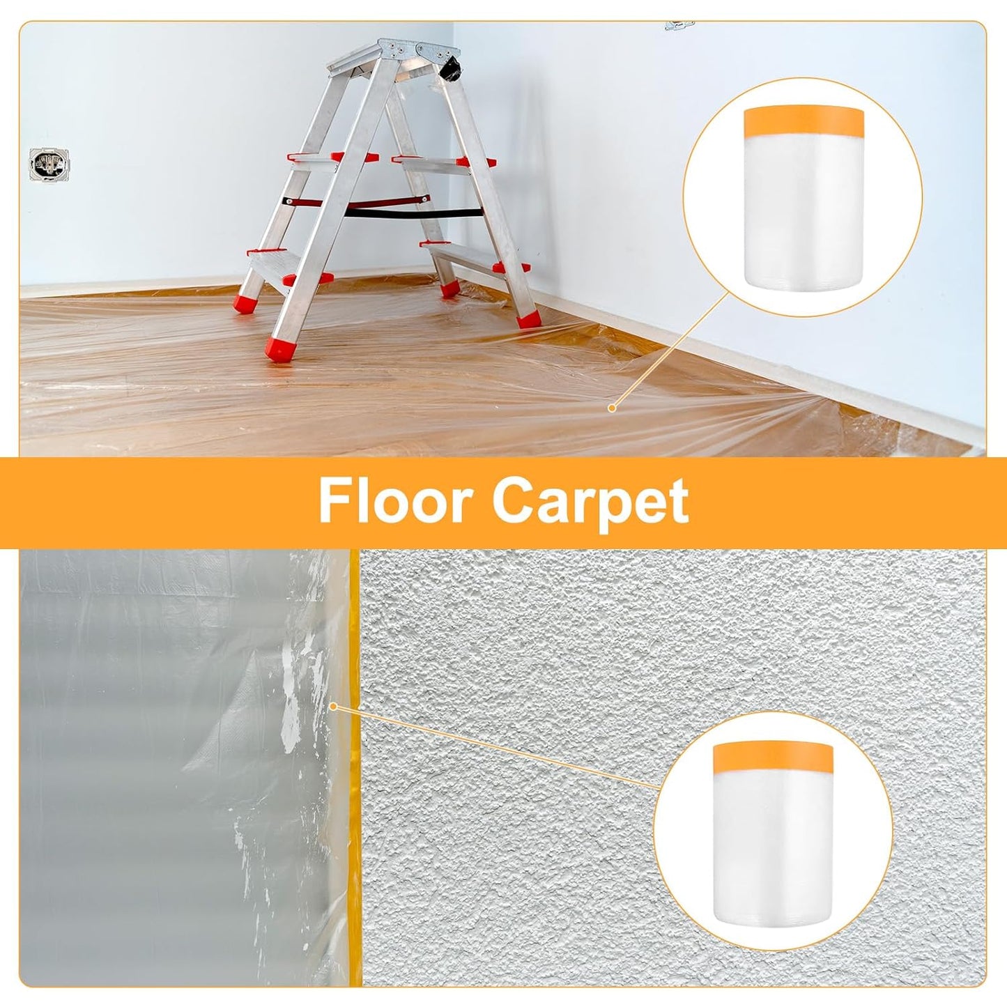 uxcell 3 Rolls Painters Plastic with Tape, 2 x 59 Ft Pre-Taped Masking Film Tape and Plastic Film Paint Plastic Covering Roll for Covering Skirting, Frames and Auto Body, Yellow/Clear