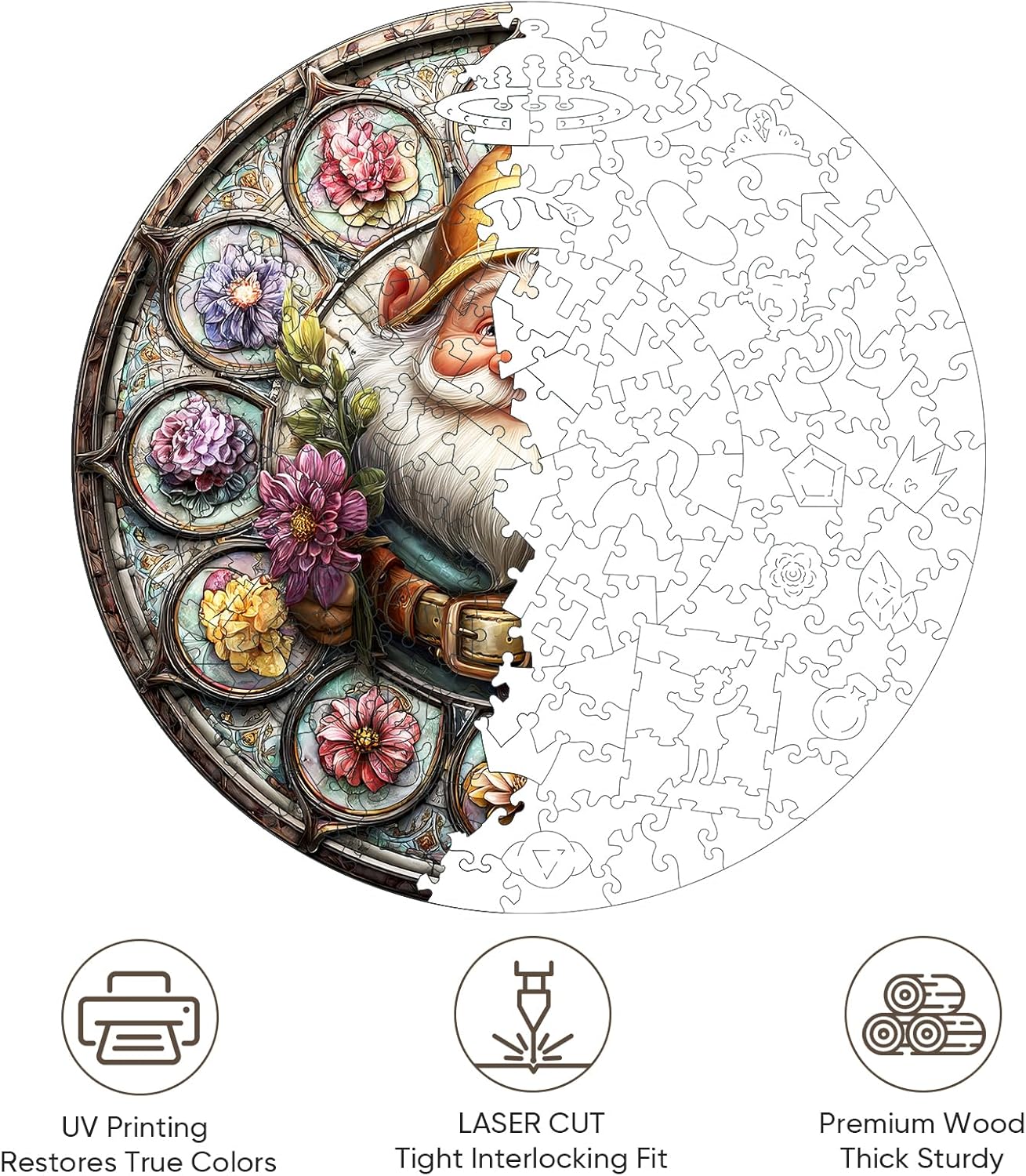 Wooden Puzzles for Adults, Gnome Puzzle 200 Pieces, Unique Shaped Jigsaw Puzzles for Adults and Kids, Birthday Gifts Fun Family Game 11.2'' x 11.2''
