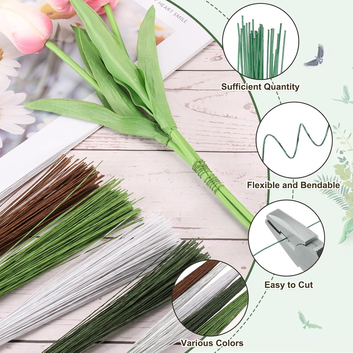 PATIKIL 32 Inch 22 Gauge Floral Stem Wire, 4 Pack/160 Pieces Bouquet Stem Paper Wrapped for DIY Crafts Flower Arrangements, Green