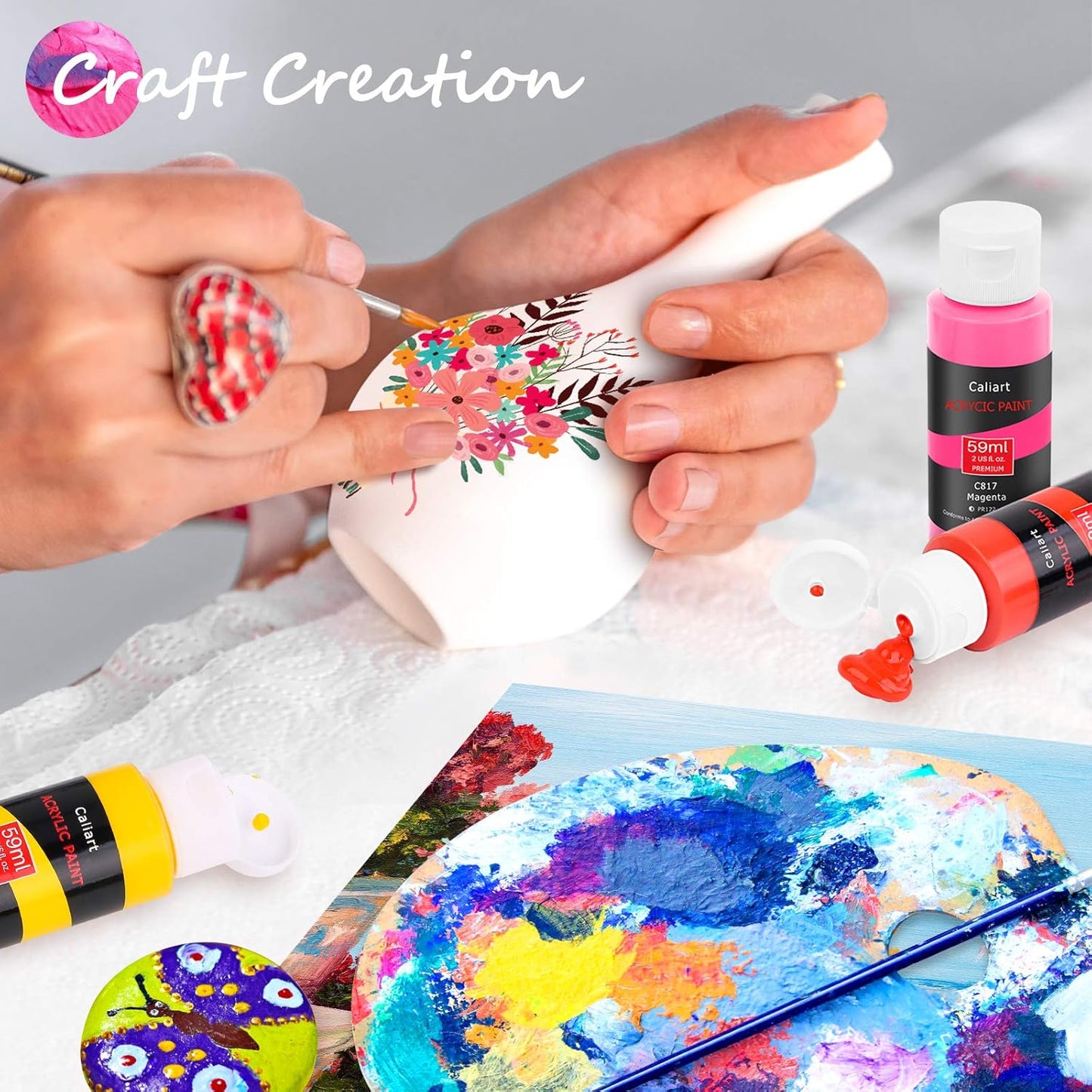 Caliart Acrylic Paint Set with 12 Brushes, 42 Colors (59ml, 2oz) Art Craft Paints Gifts for Adults Artists Beginners Painters, Halloween Pumpkin Canvas Ceramic Rock Painting Kit Art Supplies