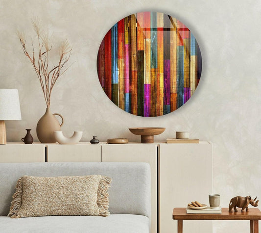 My Photostation.com 20''(50cm) Diameter Colorful Wood Pattern Round Glass Wall Art Tempered Glass Printing Wall Decor Large Wall Art Wall Hangings