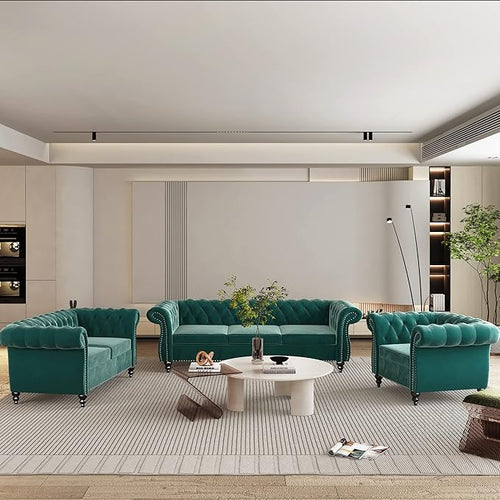 3 Piece Living Room Set, Velvet Chesterfield Sofa Loveseat Couch Chair by ORRD
