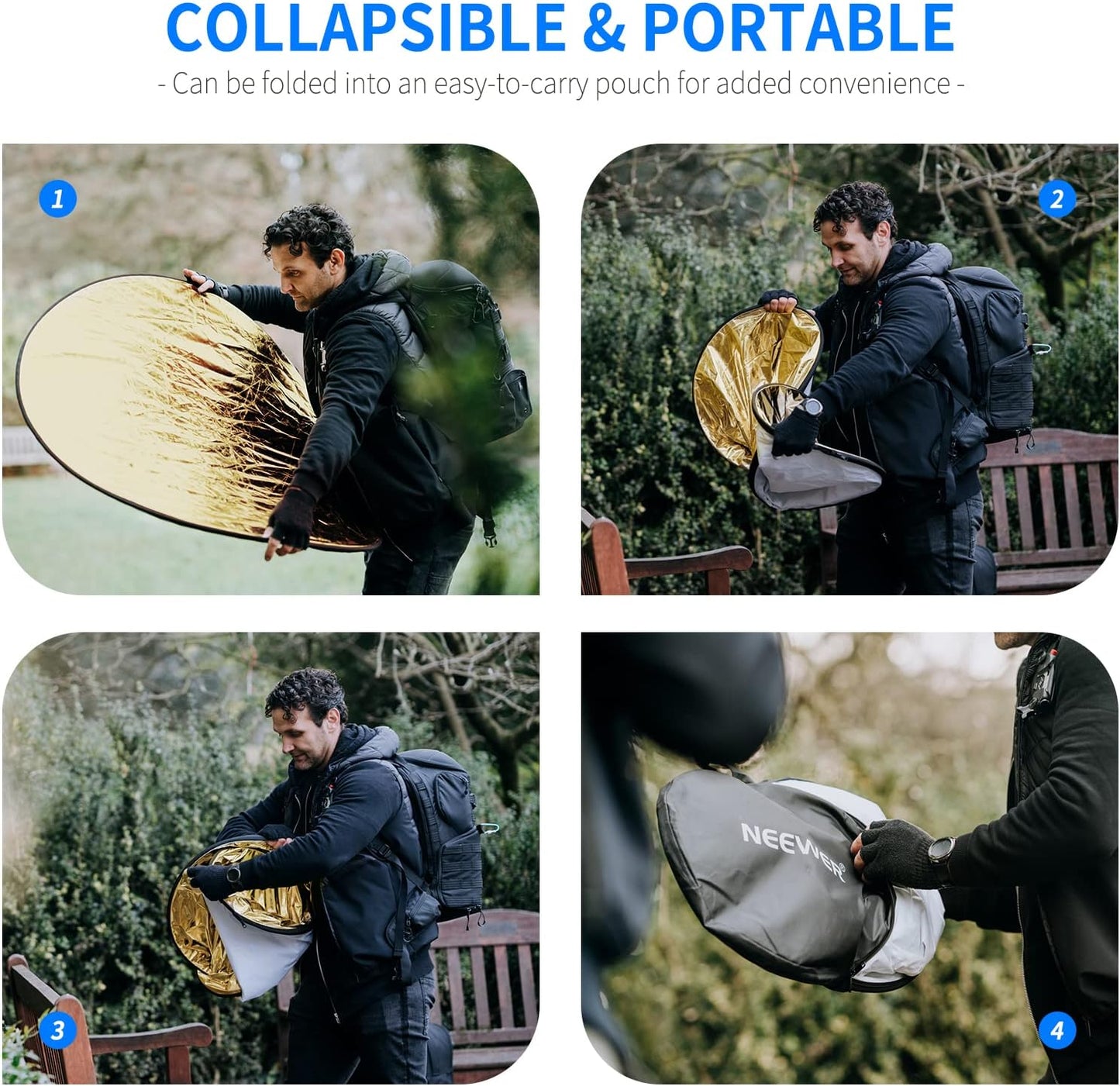 NEEWER 43 Inch/110 Centimeter Light Reflector Diffuser 5 in 1 Collapsible Multi Disc with Bag - Translucent, Silver, Gold, White, and Black for Studio Photography Lighting Outdoor