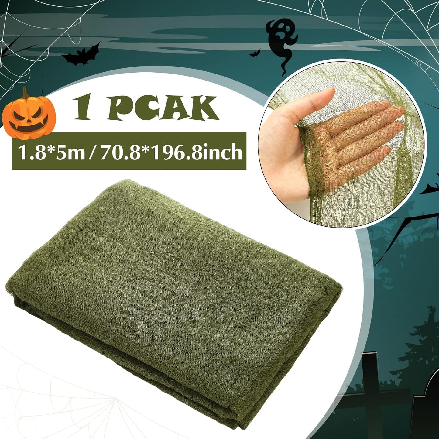 Boao Halloween Cheese cloth 70.87 x 196.85 Inch Military Green Cheesecloth Roll for Crafts Large Cotton Muslin Gauze Fabric for Halloween Outdoor & Indoor Spooky Decoration